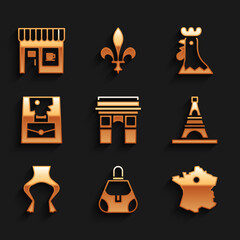Set Triumphal Arch, Handbag, Map of France, Eiffel tower, Frog legs, French rooster and Coffee shop icon. Vector