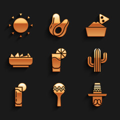 Set Tequila glass with lemon, Maracas, Mexican man sombrero, Cactus, Nachos in bowl, and Sun icon. Vector