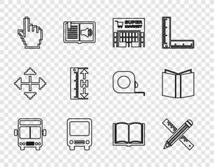 Set line Bus, Crossed ruler and pencil, Supermarket building, Pixel hand cursor, Measuring height length, Open book and icon. Vector