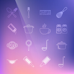 Set line Kitchen ladle, Cooking pot, Salt and pepper, Sponge with bubbles, Crossed fork spoon and Coffee cup icon. Vector