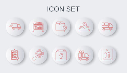 Set line Cardboard box with traffic, Verification of delivery list, Location cardboard, Delivery truck gift, in movement, Warehouse, Search package and fragile content icon. Vector
