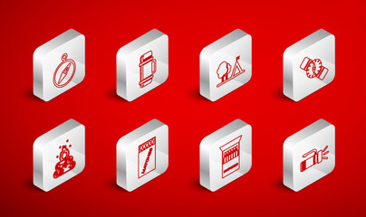 Set line Flashlight, Thermos container, Tourist tent with flag, Compass, Open matchbox and matches, and Campfire icon. Vector