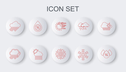 Set line Water drop percentage, Cloud with rain and lightning, Fog sun, Snowflake, cloud and icon. Vector