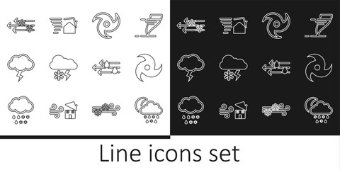 Set line Cloud with snow, rain, moon, Tornado, and lightning, Storm, Wind, and swirl icon. Vector