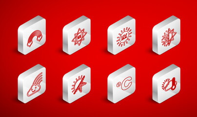 Set line Thermometer and cloud, sun, UV protection, Sun snowflake, Celsius, Rainbow with heart, and icon. Vector