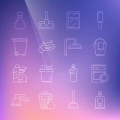 Set line Hand sanitizer bottle, Kitchen dishwasher machine, Bucket with rag, Cleaning service for windows, Washing hands soap, Trash can, Garbage bag and Shower head icon. Vector