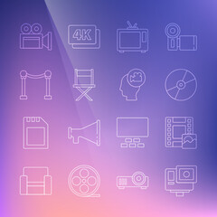 Set line Action extreme camera, Play Video, CD or DVD disk, Retro tv, Director movie chair, Rope barrier, Cinema and Head with icon. Vector