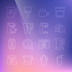 Set line Milkshake, Electric kettle, Coffee and conversation, cup, Jug glass with water, machine, and icon. Vector