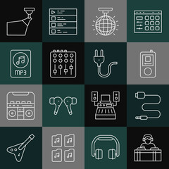 Set line DJ playing music, Audio jack, Music player, Disco ball, Sound mixer controller, MP3 file document, Movie spotlight and Electric plug icon. Vector