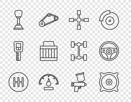 Set line Gear shifter, Car audio speaker, Wheel wrench, Speedometer, air filter, Paint spray gun and Steering wheel icon. Vector