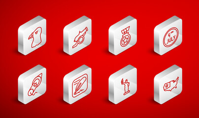 Set line USA map, Cannon, Medal with star, Calendar date July 4, Statue of Liberty, Eagle head, Declaration independence and Firework icon. Vector