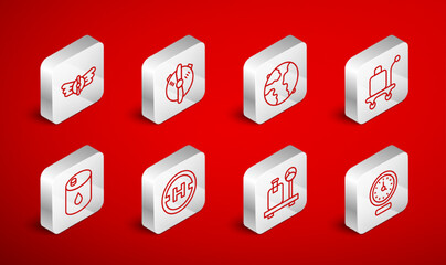 Set line Clock, Plane propeller, Worldwide, Trolley baggage, Scale with suitcase, Aviation emblem, Helicopter landing pad and Barrel oil icon. Vector