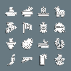 Set line Mexican man sombrero, Cactus, Hola, Mexico flag, Nachos, and icon. Vector