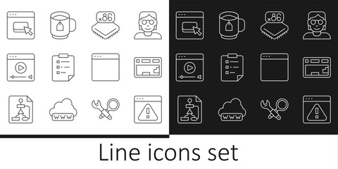 Set line Browser with exclamation mark, Keyboard, Processor microcircuits CPU, Clipboard checklist, Online play video, files, window and Cup of tea tea bag icon. Vector