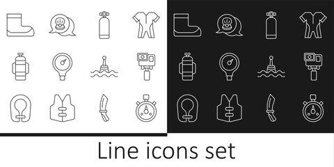 Set line Stopwatch, Action extreme camera, Aqualung, Gauge scale, Boots, Floating buoy and Scallop sea shell icon. Vector