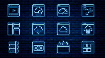 Set line Browser files, Cloud technology data transfer, Digital speed meter, download, window, Online play video, and icon. Vector