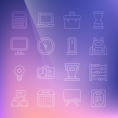 Fototapeta na wymiar Set line Certificate template, Abacus, School backpack, Briefcase, Clock, Computer monitor, Calculator and Locker changing room icon. Vector
