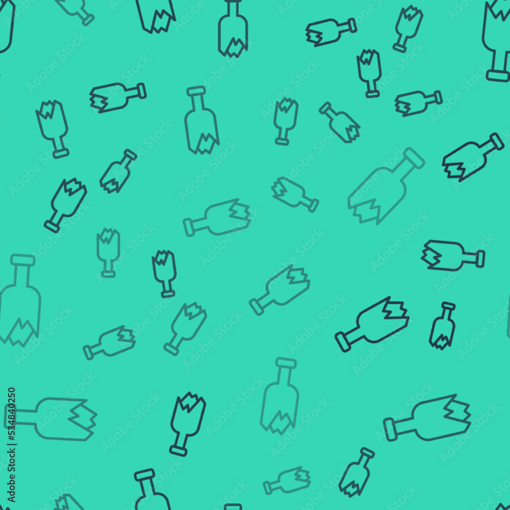 Poster black line broken bottle as weapon icon isolated seamless pattern on green background. vector