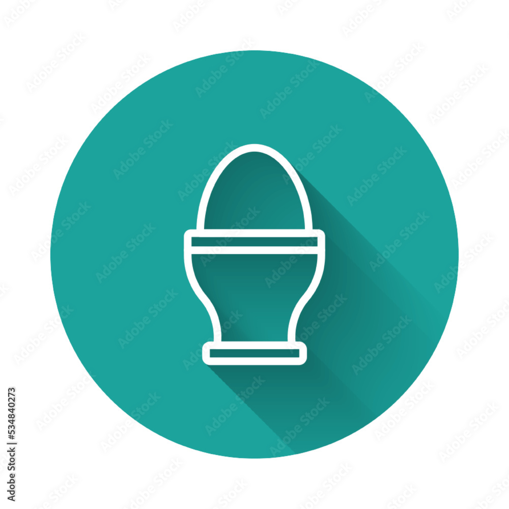 Poster white line chicken egg on a stand icon isolated with long shadow background. green circle button. ve