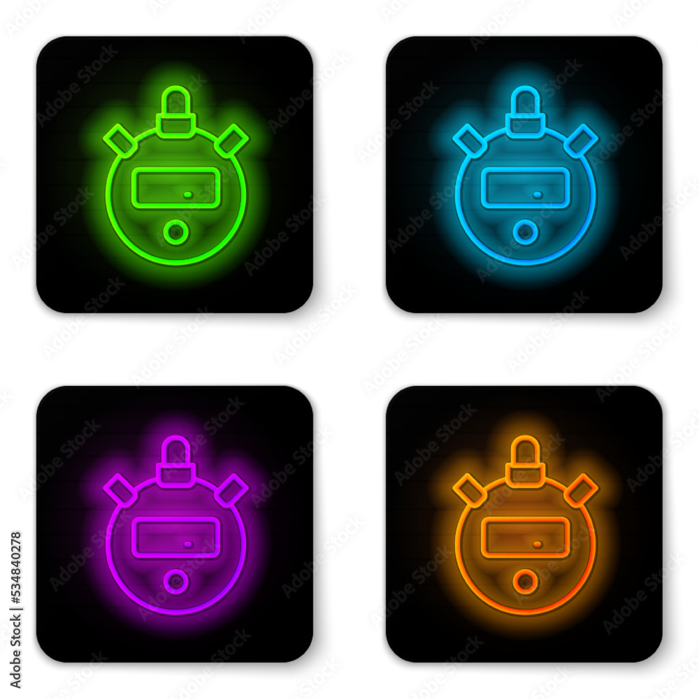 Poster glowing neon line stopwatch icon isolated on white background. time timer sign. chronometer sign. bl