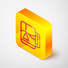 Isometric line Cup of tea with tea bag icon isolated on grey background. Yellow square button. Vector