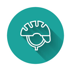 White line Bicycle helmet icon isolated with long shadow. Extreme sport. Sport equipment. Green circle button. Vector
