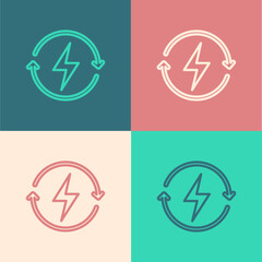 Pop art line Recharging icon isolated on color background. Electric energy sign. Vector