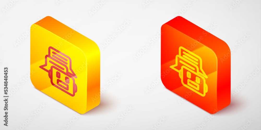 Aufkleber isometric line chat bot icon isolated on grey background. chatbot icon. yellow and orange square but