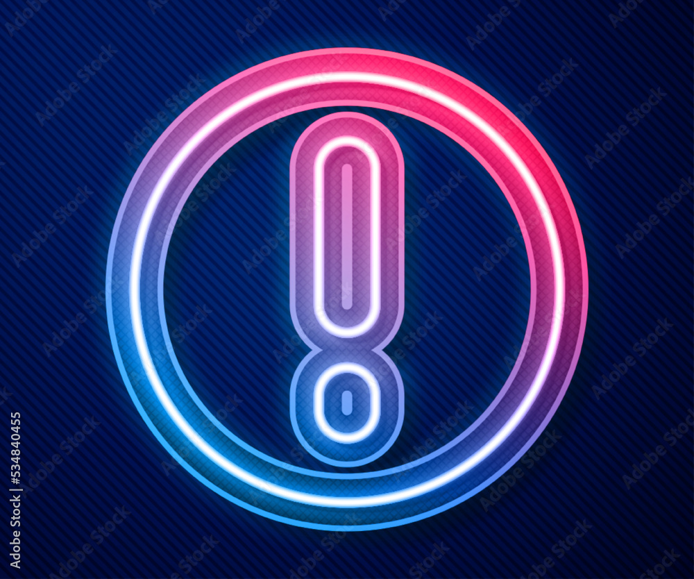 Poster glowing neon line speech bubble and exclamation icon isolated on blue background. faq sign. copy fil