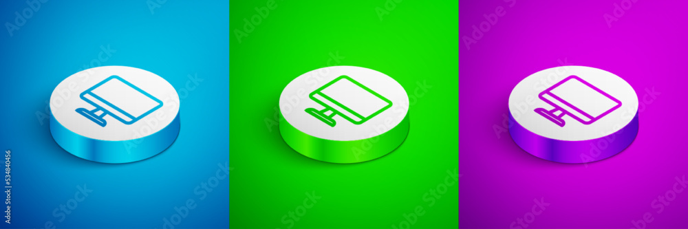 Poster isometric line computer monitor screen icon isolated on blue, green and purple background. electroni
