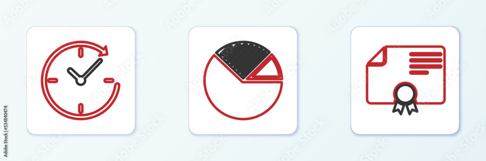 Poster set line certificate template, clock with arrow and pie chart infographic icon. vector