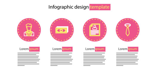 Set line Resume, Tie, Stacks paper money cash and User of man in business suit icon. Vector