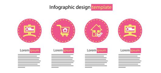 Set line House with check mark, Hanging sign For Rent, Shopping cart house and Sale icon. Vector