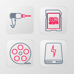 Set line Power bank, Smartphone with, SD card and Drill machine icon. Vector