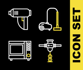 Set line Vacuum cleaner, Construction jackhammer, Microwave oven and Electric industrial dryer icon. Vector