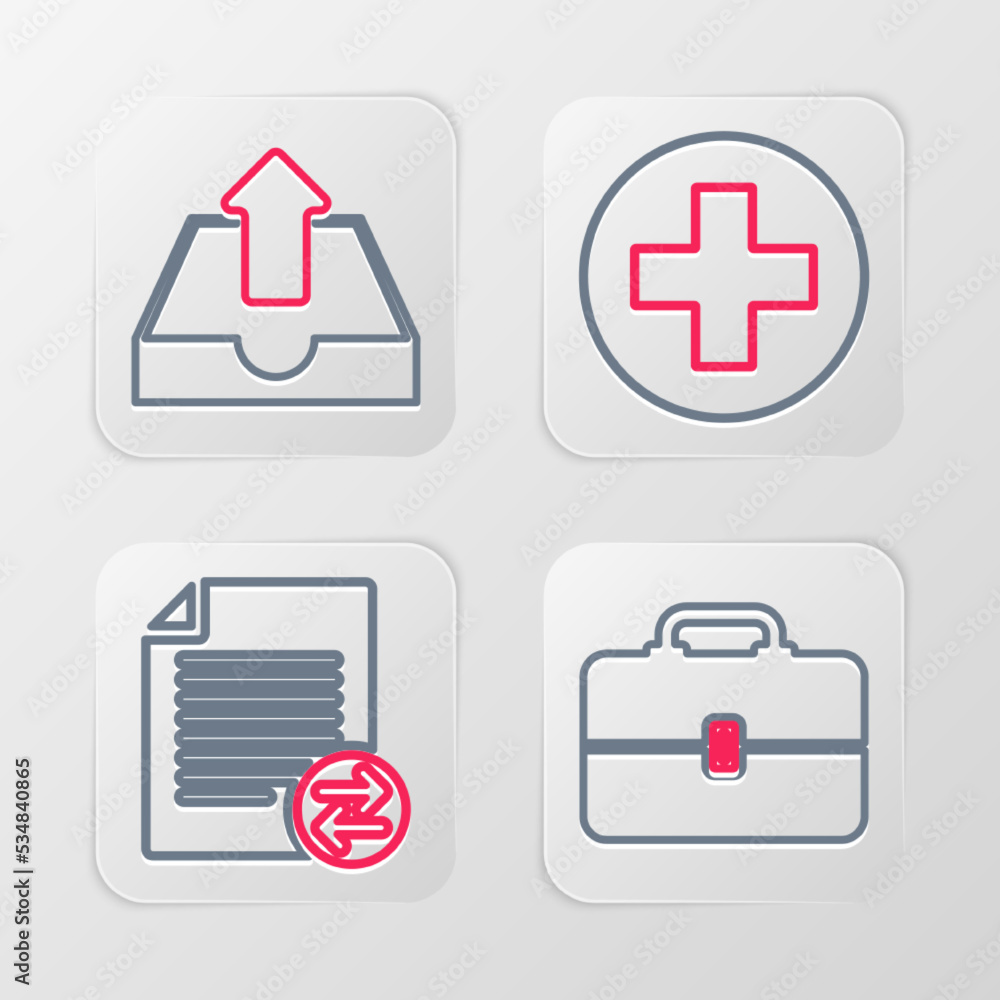 Poster set line toolbox, transfer files, medical cross in circle and upload inbox icon. vector