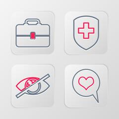 Set line Heart in speech bubble, Invisible or hide, Medical shield with cross and Toolbox icon. Vector