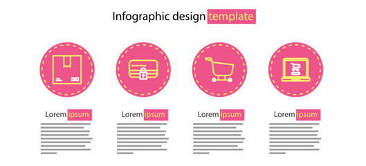 Set line Shopping cart, on laptop, Credit card with lock and Cardboard box traffic symbol icon. Vector