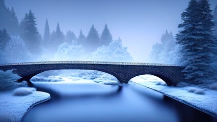 Winter snowy park. The bridge over the frozen river, ice, trees. Frosty sunset. 3D illustration.