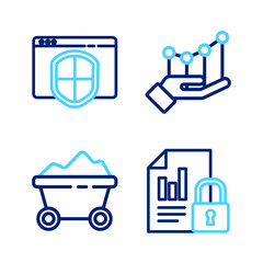 Set line Document and lock, Coal mine trolley, Pie chart infographic and Browser with shield icon. Vector