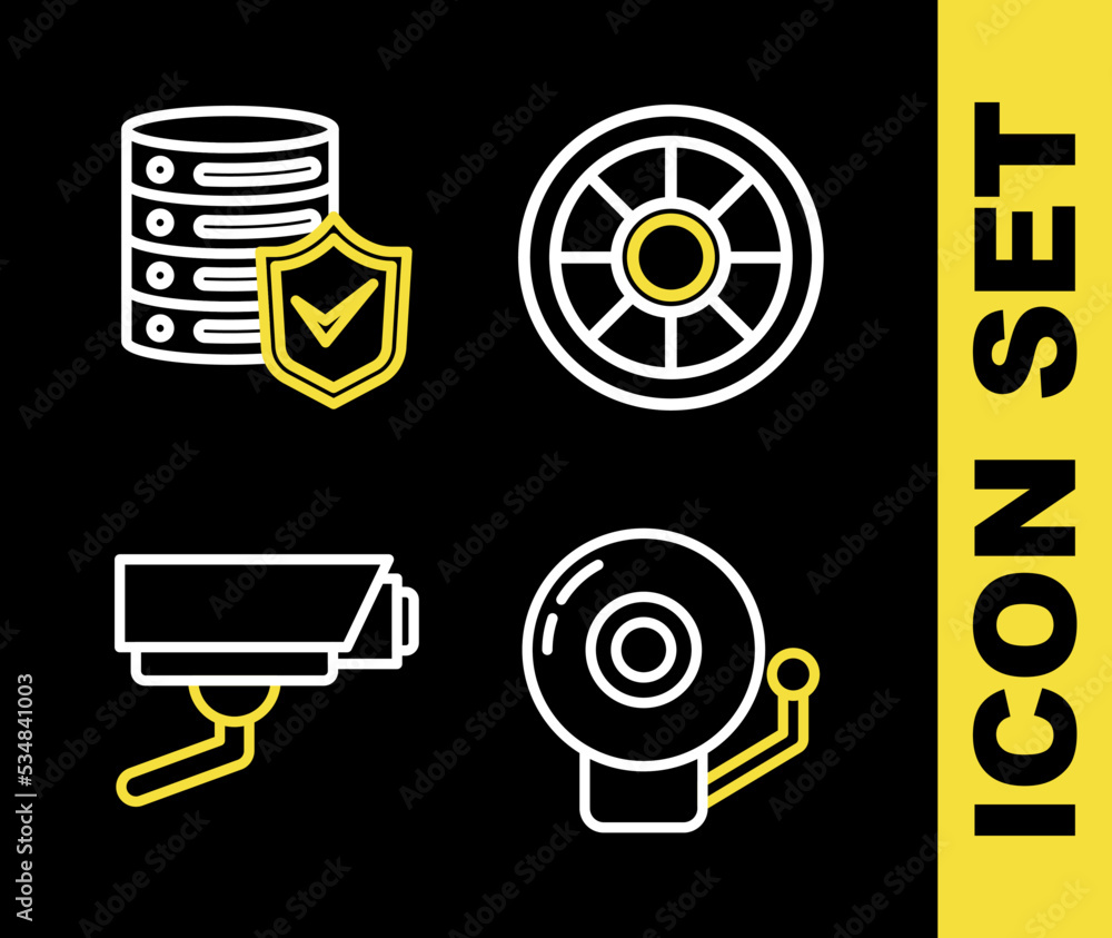Poster set line safe, ringing alarm bell, security camera and server with shield icon. vector