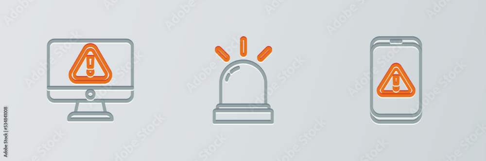 Poster set line mobile with exclamation mark, monitor and motion sensor icon. vector