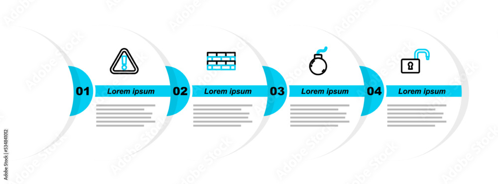 Poster set line open padlock, bomb ready to explode, firewall, security wall and exclamation mark in triang