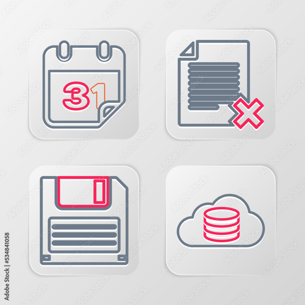 Poster set line cloud database, floppy disk, delete file document and calendar icon. vector