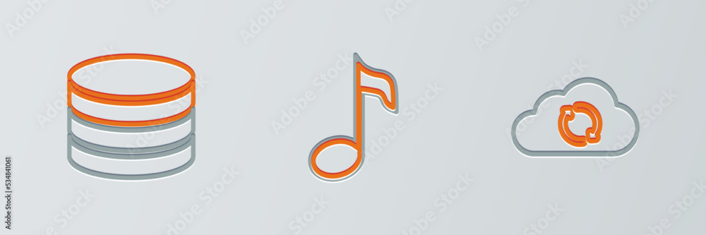Poster set line cloud sync refresh, database and music note, tone icon. vector