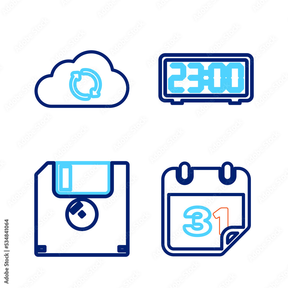 Poster set line calendar, floppy disk, digital alarm clock and cloud sync refresh icon. vector