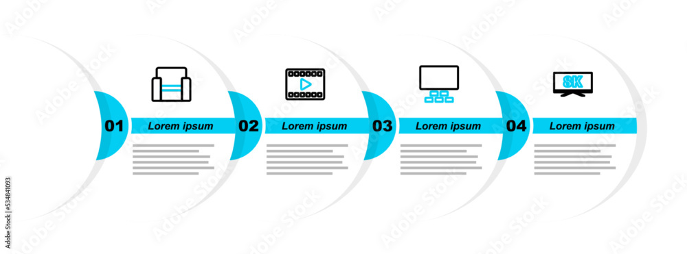 Poster set line screen tv with 8k, cinema auditorium seats, play video and chair icon. vector