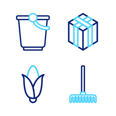 Fototapeta premium Set line Garden rake, Corn, Bale of hay and Bucket icon. Vector