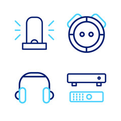 Set line Multimedia and TV box, Headphones, Robot vacuum cleaner and Flasher siren icon. Vector