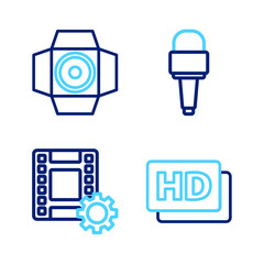 Set line Hd movie, tape, frame, Play Video, Microphone and Movie spotlight icon. Vector